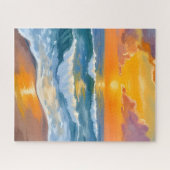 オレンジ色の海の夕焼け 水彩画 海の波 絵画 ジグソーパズル (横)