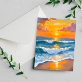 オレンジ色の海の夕焼け 水彩画 海の波 絵画 ポストカード