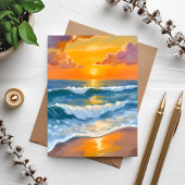 オレンジ色の海の夕焼け 水彩画 海の波 絵画 ポストカード
