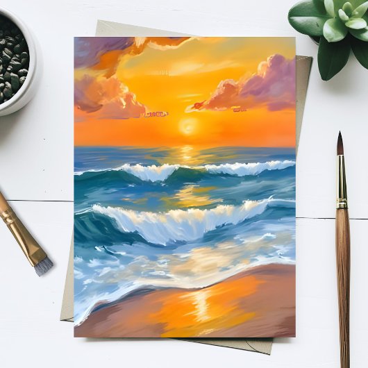 オレンジ色の海の夕焼け 水彩画 海の波 絵画 ポストカード