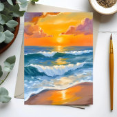 オレンジ色の海の夕焼け 水彩画 海の波 絵画 ポストカード