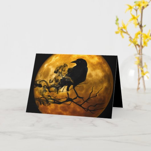 オレンジ色の満月 モクモク黒いカラス ハロウィン クロウ カード (黄色い花)