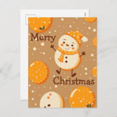 オレンジ色の漫画クリスマスカードと雪だるま シーズンポストカード (正面/裏面)