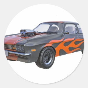 オレンジ色の炎と黒で70のマッスルカー ラウンドシール