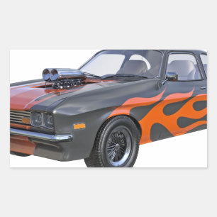 オレンジ色の炎と黒で70のマッスルカー 長方形シール