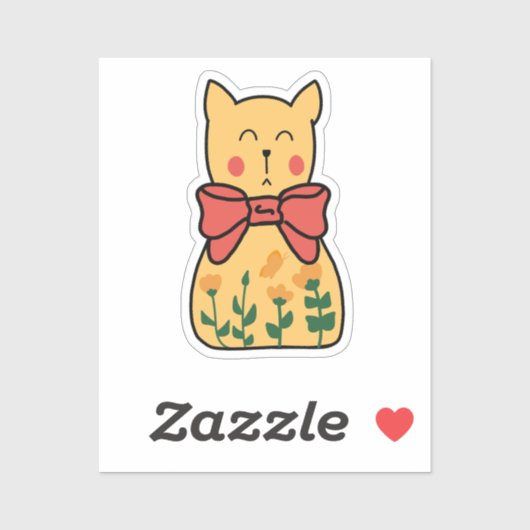 オレンジ色の無関心な花柄の猫の弓 シール (シート)