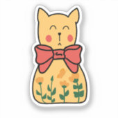 オレンジ色の無関心な花柄の猫の弓 シール (正面)