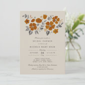 オレンジ色の焦茶色の花とグレーの葉の組み合わせが素敵な、ナチュラルでおしゃれなボタニカルデザインのウ 招待状 (スタンド正面)