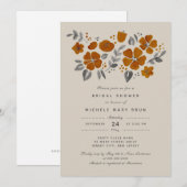 オレンジ色の焦茶色の花とグレーの葉の組み合わせが素敵な、ナチュラルでおしゃれなボタニカルデザインのウ 招待状 (正面/裏面)