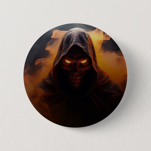 オレンジ色の煙のハロウィンバッジを持つダークデーモン 缶バッジ (正面)