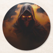 オレンジ色の煙のハロウィーンを持つダークデーモン ラウンドペーパーコースター (正面)