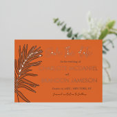 オレンジ色の熱帯のヤシの葉の結婚式の日付を保存 箔招待状 (立ち正面)