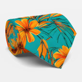 オレンジ色の熱帯花 |ターコイズ ネクタイ (ロール)