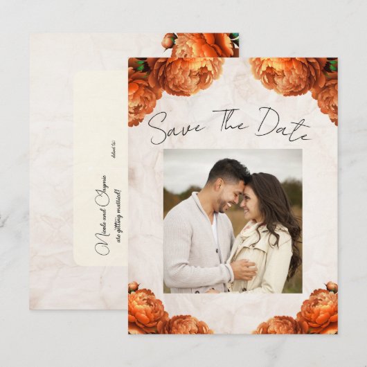 オレンジ色の牡丹の花ヴィンテージ保存日 案内ポストカード (正面/裏面)