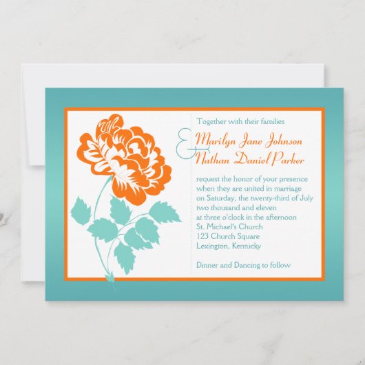 オレンジ色の牡丹オンターコイズウェディングアクト 招待状 (正面)