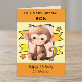 オレンジ色の特別な息子の猿の子供たちの誕生日 カード