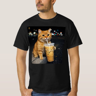 オレンジ色の猫がアイスコーヒーを飲む面白い画像, 猫のミーム Tシャツ