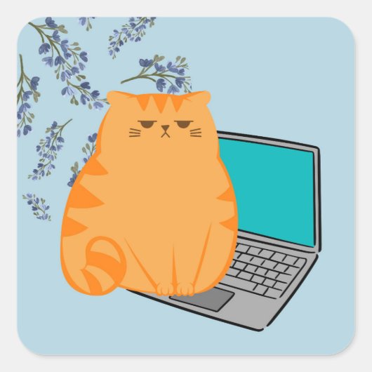オレンジ色の猫が仕事中 スクエアシール (正面)