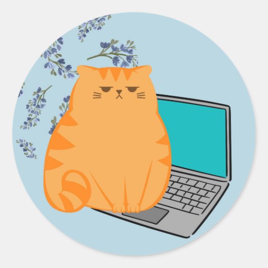 オレンジ色の猫が仕事中 ラウンドシール (正面)