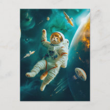 オレンジ色の猫が宇宙の破片と共に浮かぶ