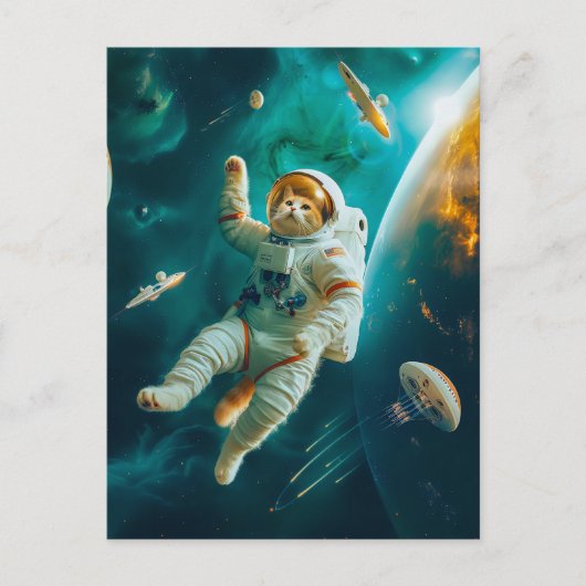 オレンジ色の猫が宇宙の破片と共に浮かぶ シーズンポストカード (正面)