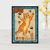 オレンジ色の猫が寿司と一緒にジャンピング 日本食 男性 女性 子供 カード (黄色い花)
