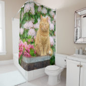 オレンジ色の猫とピンクの春の花 シャワーカーテン (インサイチュ)