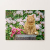 オレンジ色の猫とピンクの春の花 ジグソーパズル (横)