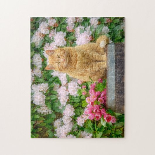 オレンジ色の猫とピンクの春の花 ジグソーパズル (縦)