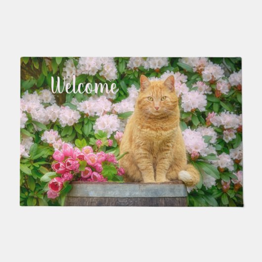 オレンジ色の猫とピンクの春の花 ドアマット (正面)