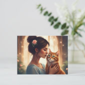 オレンジ色の猫と女性 ポストカード (スタンド正面)