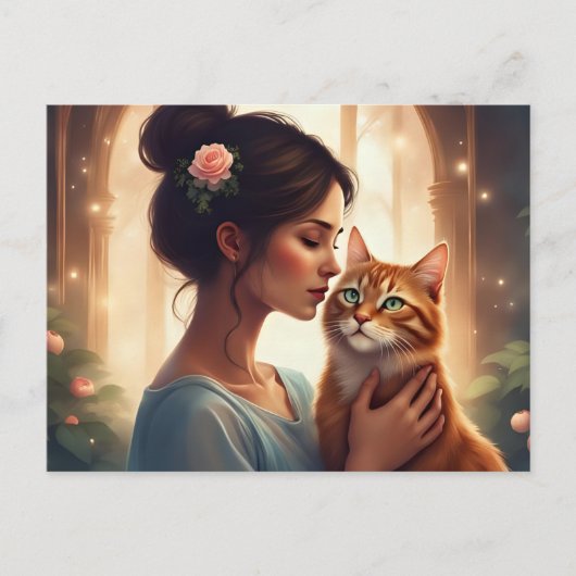 オレンジ色の猫と女性 ポストカード (正面)