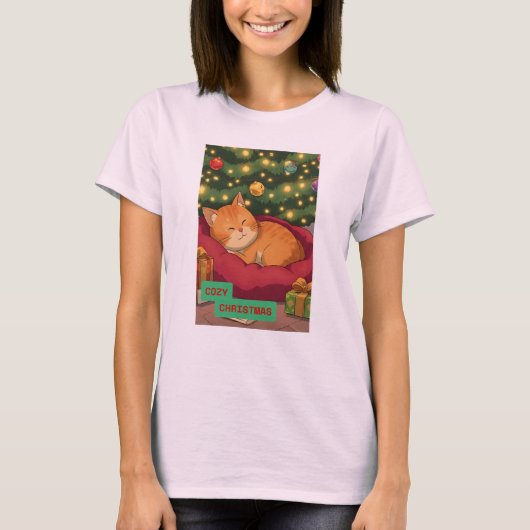 オレンジ色の猫と過ごすクリスマスのぬくもり Tシャツ (正面)