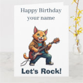 オレンジ色の猫のギタリスト カード (黄色い花)