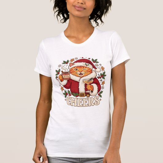 オレンジ色の猫のサンタ帽子 クリスマス お酒 ジンジャー Tシャツ (正面)