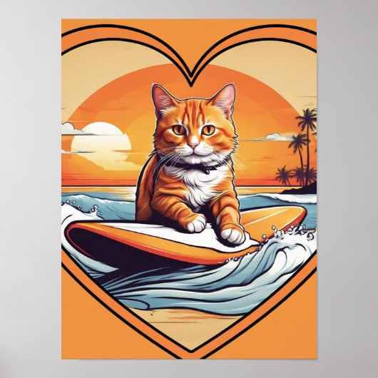オレンジ色の猫のサーフィン ポスター (正面)
