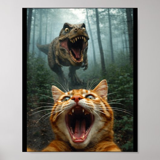 オレンジ色の猫のセルフィーとT-Rex恐竜の面白い男性 ポスター (正面)