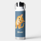 オレンジ色の猫のデザインのデニムブルーの水筒 名前入り ウォーターボトル (正面)