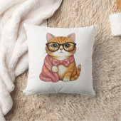 オレンジ色の猫の蝶ネクタイTシャツ 知的風 クッション (ブランケット)