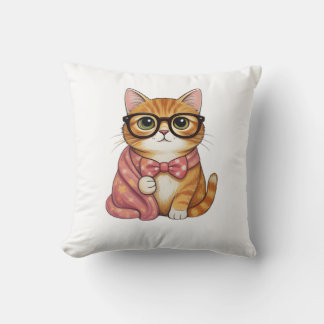 オレンジ色の猫の蝶ネクタイTシャツ 知的風 クッション