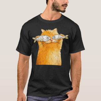 オレンジ色の猫の面白い魚メガネ Tシャツ