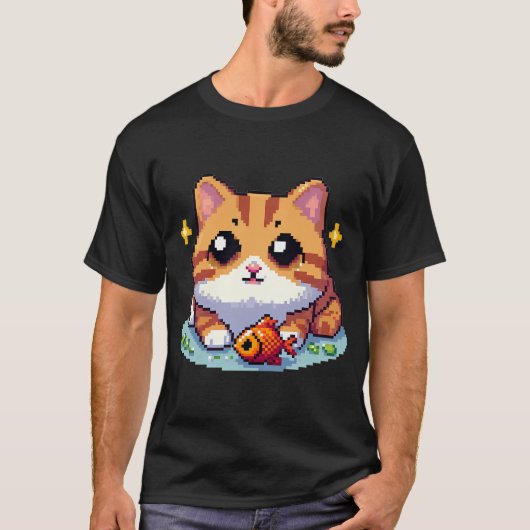 オレンジ色の猫の魚ドット絵 Tシャツ (正面)