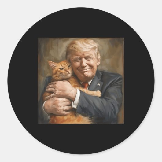 オレンジ色の猫を抱きしめているトランプ2024 ラウンドシール (正面)