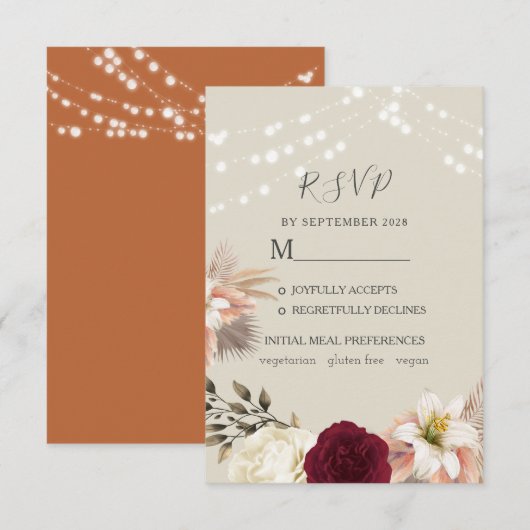 オレンジ色の田舎風結婚式RSVPカード 出欠カード (正面/裏面)
