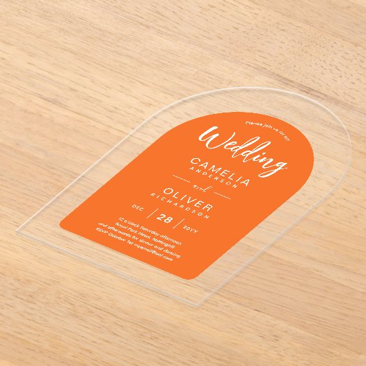 オレンジ色の白いアーチアクリルの結婚式の招モダン待 アクリル招待状 (レイダウン)