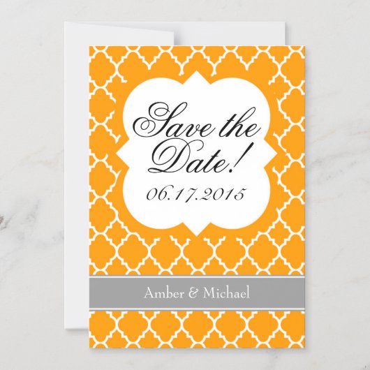 オレンジ色の白いクローバー日付磁石を保存 マグネット招待状 (正面)