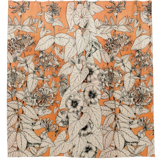 オレンジ色の白いグラフィックフラワーパターン シャワーカーテン (正面)