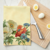 オレンジ色の白いケシと青いコーンフラワー キッチンタオル (四つ折り)