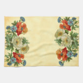 オレンジ色の白いケシと青いコーンフラワー キッチンタオル (横)