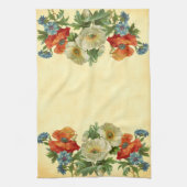 オレンジ色の白いケシと青いコーンフラワー キッチンタオル (縦)